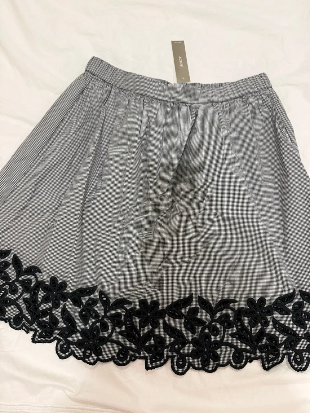 NWT J Crew Embroidered knee-length skirt in gingham cotton poplin